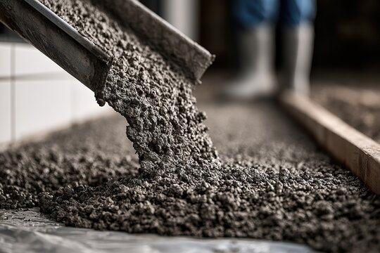 Wet concrete pouring from a chute onto a prepared floor at a construction site, with a worker blurred in the background.