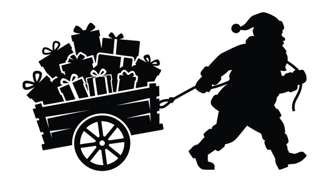 Santa Claus silhouette pulling wooden cart full of gifts, Christmas holiday delivery vector, festive winter celebration icon isolated on White Background