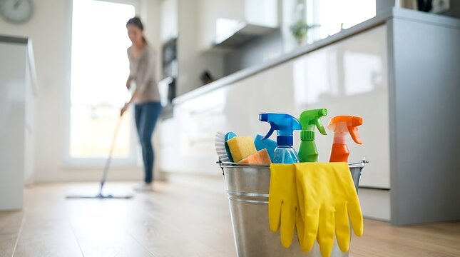 Metal bucket with cleaning supplies and yellow gloves on the floor in a bright home kitchen with background bright residential woman cleans background