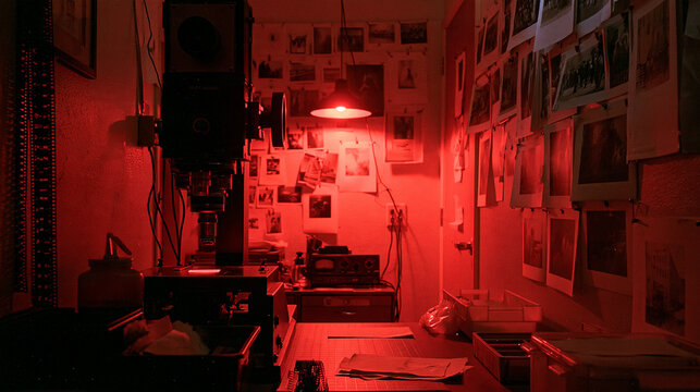 Red Safelight Photography Darkroom Studio with Photo Prints Hanging Wall