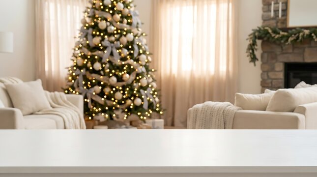 Empty white wooden table surface in a cozy living room with a decorated christmas tree background with space product placement presentation