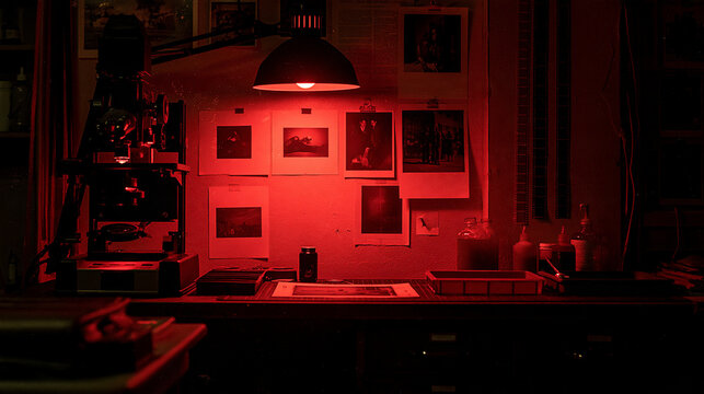 Red Safelight Photography Darkroom Studio with Photo Prints Hanging Wall