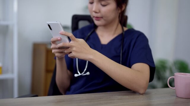 Young Asian female doctor checking smartphone with stethoscope around neck in office setting