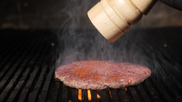 Wooden pepper mill sprinkling spices onto raw beef patty on hot grill grate. Rising smoke, professional restaurant kitchen cooking process, juicy burger preparation Slow motion 4k video
