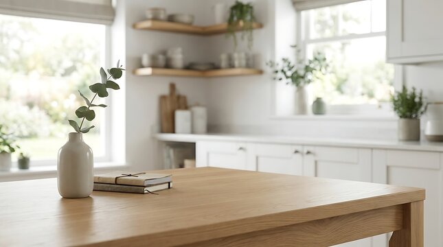 A ceramic vase with a green plant sprig and notebooks on a wooden table with stacked notebooks natural inside bright kitchen next two stacked