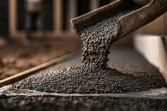 Wet concrete pouring from a chute into a form, creating a textured gray slab during a construction pour.