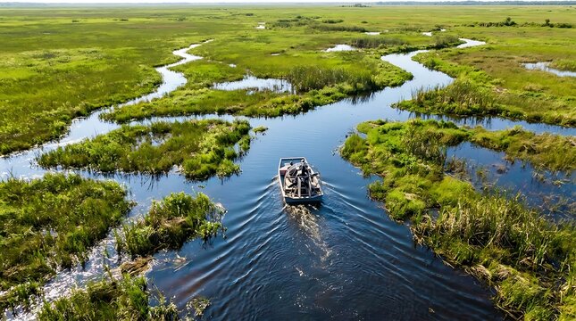An airboat navigates through the winding waterways and lush grassy wetlands in a scenic aerial view of a marshland