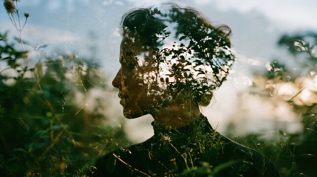 Double Exposure Woman Profile Portrait Blended with Green Nature Leaves