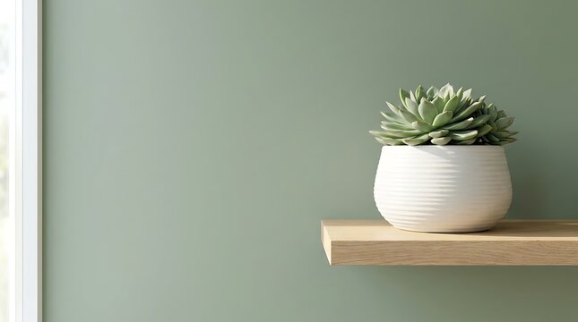 A small succulent plant in a white ceramic pot sits on a wooden wall shelf with sage green background placed light wooden shelf against solid