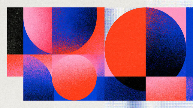 Abstract Geometric Composition with Colorful Shapes and Retro Grain Texture