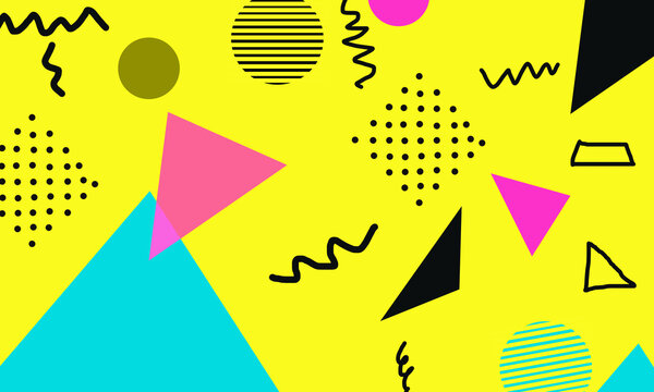 Abstract memphis style pattern with geometric shapes and squiggly lines on a bright yellow background