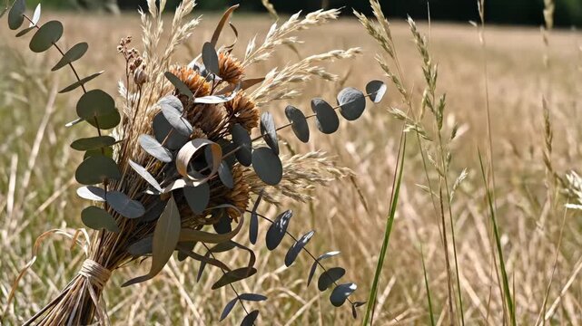 Hand tied meadow stems with eucalyptus leaves and sun bleached grasses resting among golden field growth, forming an airy harvest inspired botanical bundle with natural countryside texture and warmth