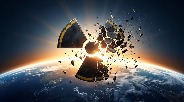 A shattered radioactive symbol floating above the planet Earth in space.