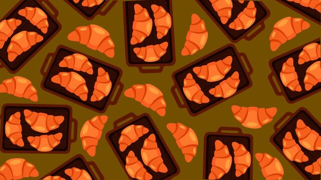 Animated croissants arranged on baking trays create a warm bakery pattern with rich brown and orange tones