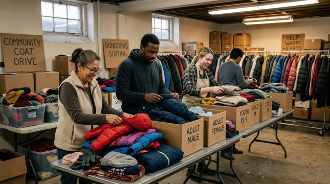 Dynamic View of volunteers Braving Cold Weather to Collect Warm Coats for Children in Need