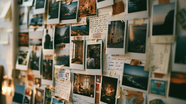 Vintage Mood Board Wall Covered in Instant Photos and Notes