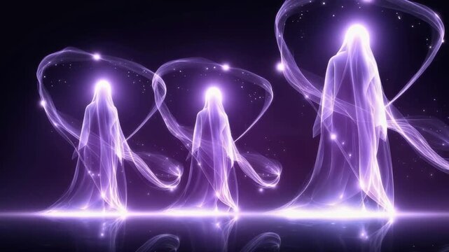 Ethereal figures shrouded in luminous purple mist and stardust, exuding an aura of mystical serenity and cosmic connection. ..Created with Generative AI, not depicting real subjects.