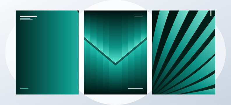 Triptych of abstract teal background designs featuring linear patterns and geometric chevron elements abstract background geometric template creative backdrop wallpaper composition diagonal