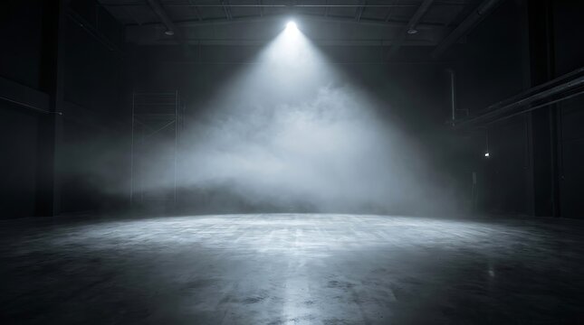 A bright spotlight illuminates the center of a dark empty industrial warehouse with thick fog with thick white atmospheric warehouse space filled