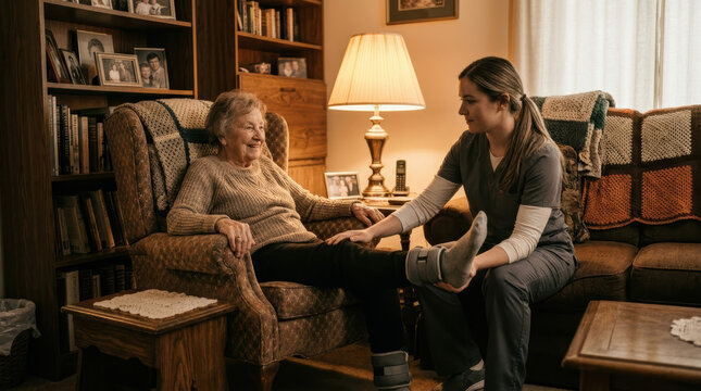 Elderly woman receiving seated leg extension exercise from female caregiver in warm living room with comfort and focused support