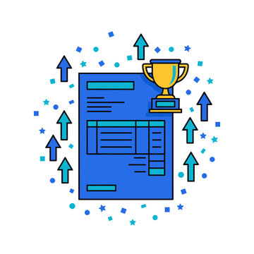 Vector illustration of business invoice document with golden trophy award and rising growth arrows