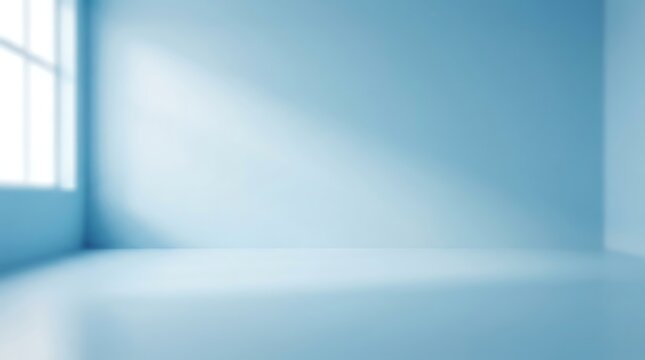 Empty light blue room with a large window casting soft shadows on the wall surface with natural sunlight streaming with walls floor natural