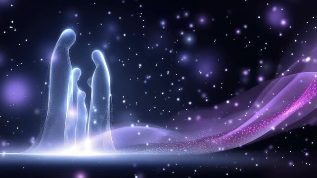 A serene depiction of the Nativity scene, with ethereal figures of Mary, Joseph. ..Created with Generative AI, not depicting real subjects.