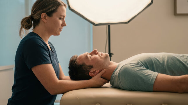 Female physical therapist performing neck traction on male patient during rehabilitation treatment with focused care in clinical therapy room