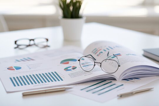 Open professional performance report spread across minimalist office desk with colorful charts graphs case study graphics reading glasses metal pen closed notebook framed naturally soft window light