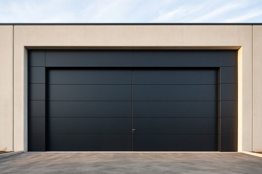Large modern double panel industrial garage door finished in matte charcoal gray with clean horizontal sections and subtle geometric framing set within a pale concrete commercial facade surrounded by