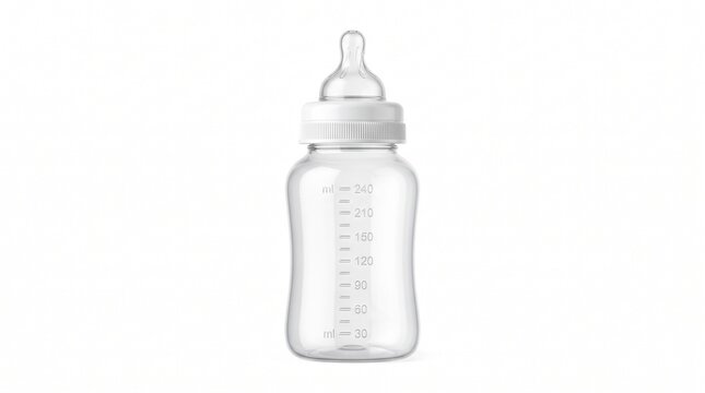Clear baby bottle with silicone nipple and measurement scale, empty plastic infant feeding bottle, newborn nursery essential isolated PNG with Transparent Background