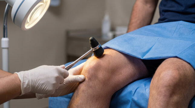 Physical therapist testing knee reflex with medical hammer during clinical examination, focused patient care and neurological assessment in healthcare setting