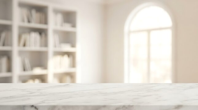 Marble surface table top with blurred white bookshelf and arched window in background indoor setting with bright indoor room architecture