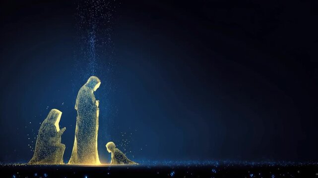 A luminous depiction of the Nativity scene, where the holy family is formed by glowing ethereal particles against a dark. ..Created with Generative AI, not depicting real subjects.