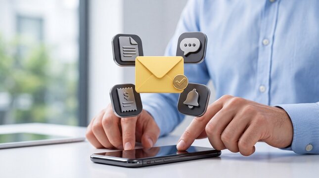 Businessman using generic smartphone for digital communication and bulk messaging with 3D icons for email, document, chat, receipt, and bell notifications on blurred office background.