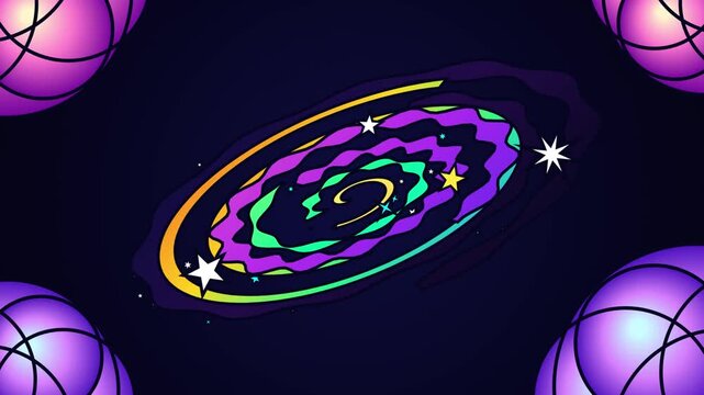 Cosmic Galaxy Animation with Glowing Neon Spiral Rings and Floating Orb Elements for Futuristic Space Background Video Motion Graphic Design Motion