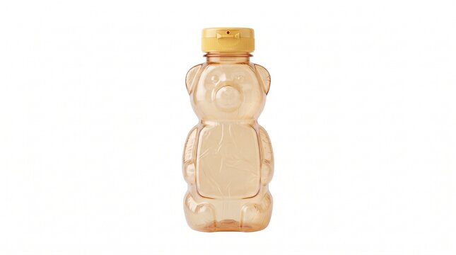 Bear shaped honey bottle with yellow cap, plastic squeeze container for organic syrup, golden liquid condiment jar for kitchen pantry isolated PNG with Transparent Background