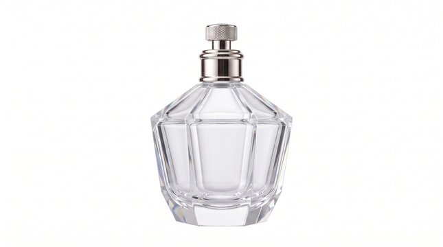 Elegant faceted glass perfume bottle, luxury crystal fragrance container with silver cap, vintage style cosmetic bottle for beauty branding isolated PNG with Transparent Background