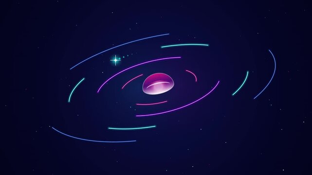 Cosmic Motion Graphic Featuring Glowing Purple Spherical Core Surrounded By Orbiting Neon Light Arcs And A Shimmering Star Sparkle On Dark Backdrop
