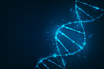 Abstract glowing blue DNA double helix molecule structure with particles on dark background