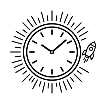 Outline vector icon of a clock with speed rays and launching rocket for project deadline and fast startup launch