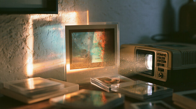 Vintage Slide Projector Beam Casting Light on Glass Photo Frame