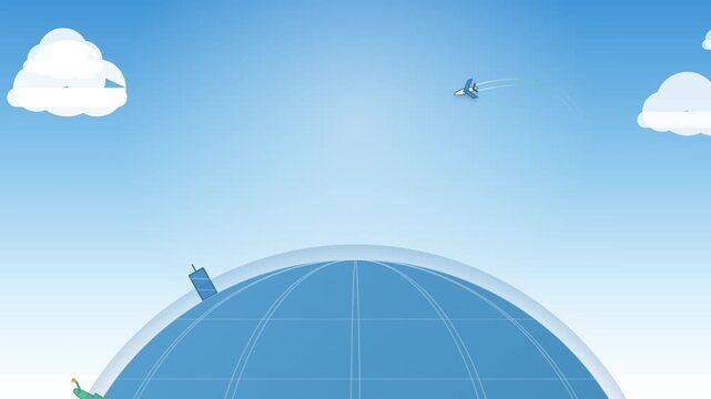 Minimalist 2D Flat Motion Graphics Animation Featuring A Passenger Airplane Flying Above A Rotating Globe With Iconic World Landmarks And Fluffy Cloud