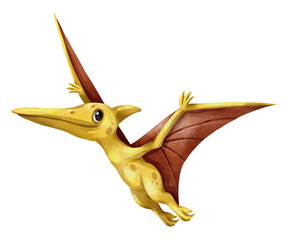 Watercolor pteranodon flying dinosaur isolated PNG illustration, featuring a cute hand-drawn yellow pterosaur prehistoric creature character on a transparent background. © stockdevil