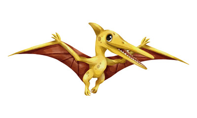 Watercolor pteranodon flying dinosaur isolated PNG illustration, featuring a cute hand-drawn yellow pterosaur prehistoric creature character on a transparent background. © stockdevil
