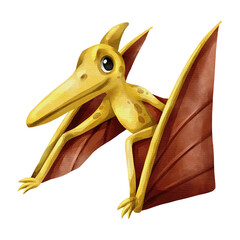 Watercolor pteranodon flying dinosaur isolated PNG illustration, featuring a cute hand-drawn yellow pterosaur prehistoric creature character on a transparent background. © stockdevil