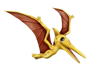 Watercolor pteranodon flying dinosaur isolated PNG illustration, featuring a cute hand-drawn yellow pterosaur prehistoric creature character on a transparent background. © stockdevil