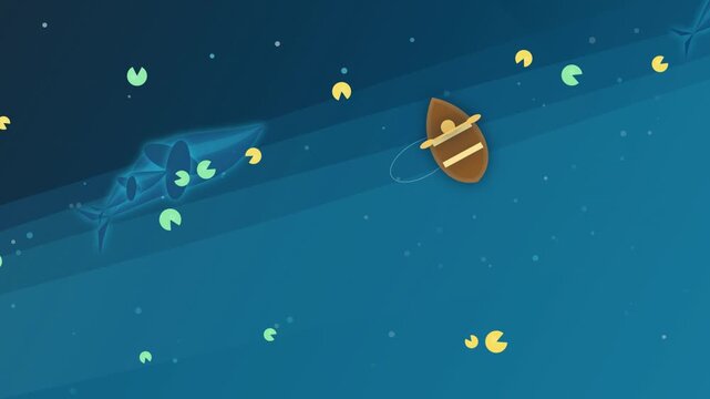Minimalist cartoon animation of a small wooden boat rowing on dark blue water with lily pads and big blue fish swimming underneath from above