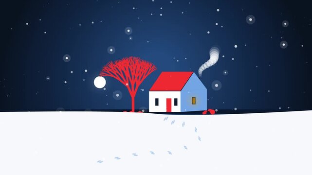 Minimalist winter night landscape animation featuring a cozy house with a glowing light and smoking chimney beside a bare tree under snowfall