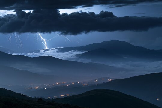 Intense lightning bolts striking through a dense cloud shelf over a dark mountain valley with illuminated mist between ridges and tiny warm lights from a remote settlement below under dramatic night